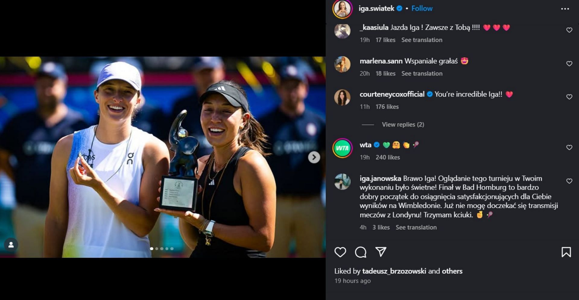 Cox praises Iga after Bad Homburg run; Instagram - @iga.swiatek